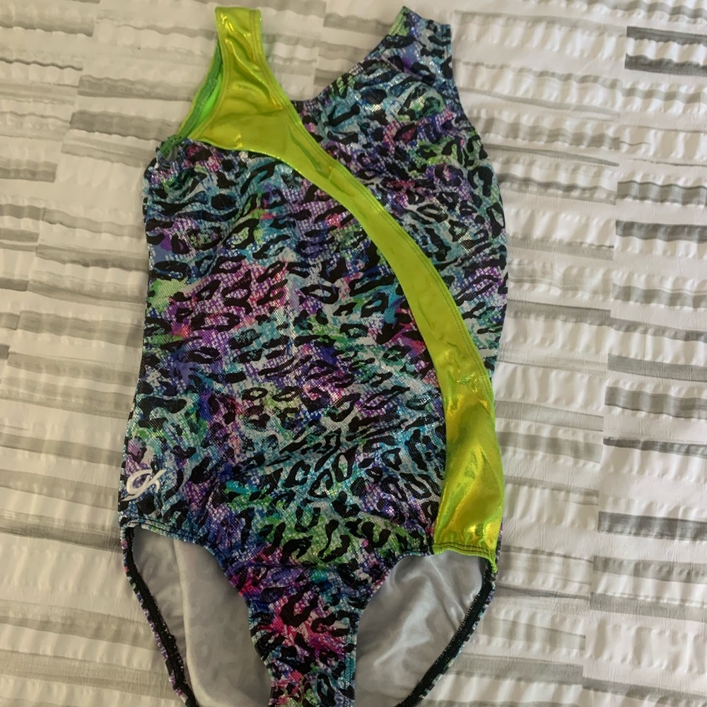Colorful, metallic, leopard-print GK leotard in size Adult Small (AS)